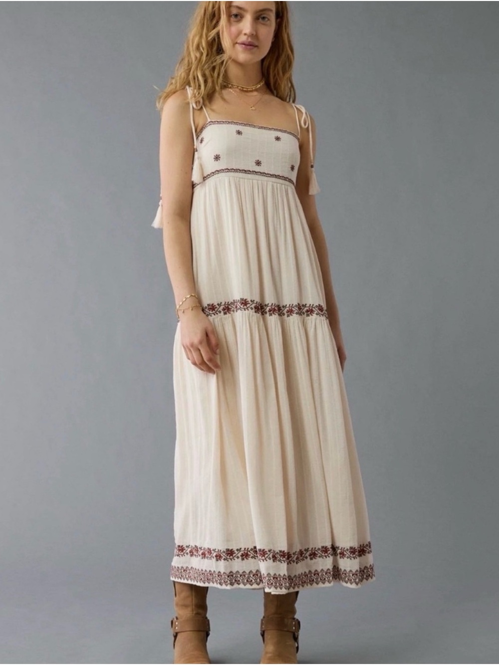 American Eagle Outfitters Cream Maxi Dress with Rust Embroidered Trim